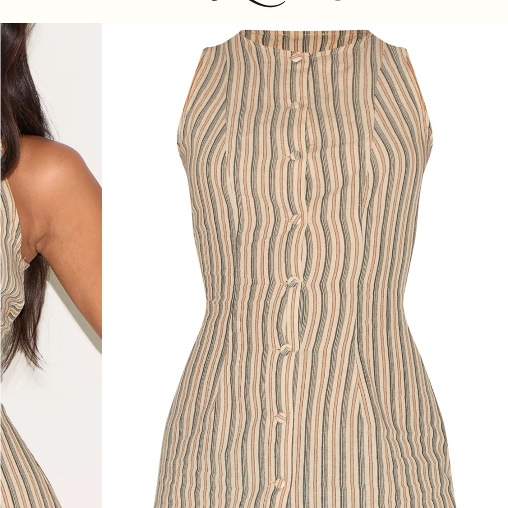 PrettyLittleThing Stone Pinstripe Button Down Shift Dress - Picture 3 of 5